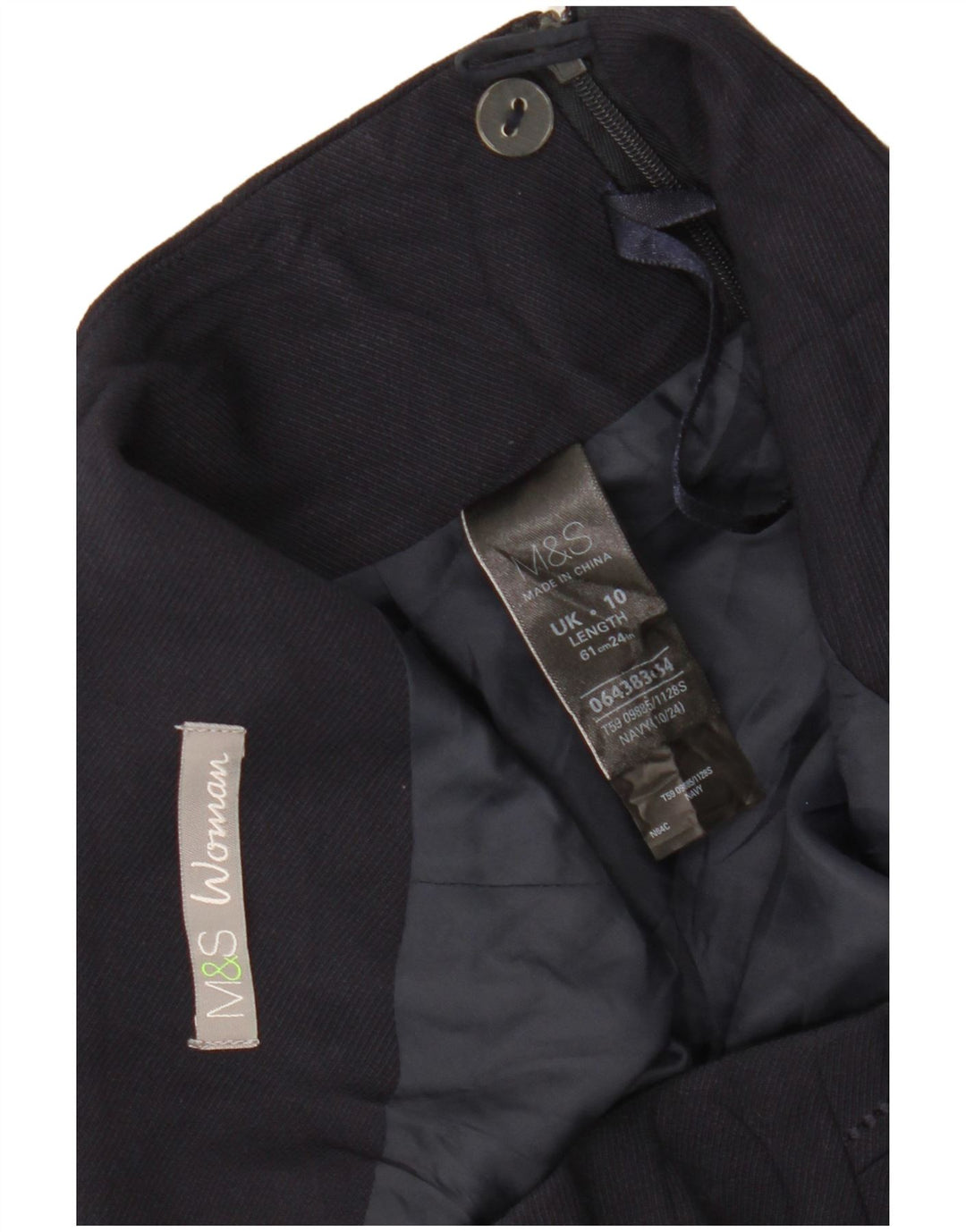 Saia reta feminina MARKS & SPENCER Reino Unido 10 pequena W30 azul marinho poliéster