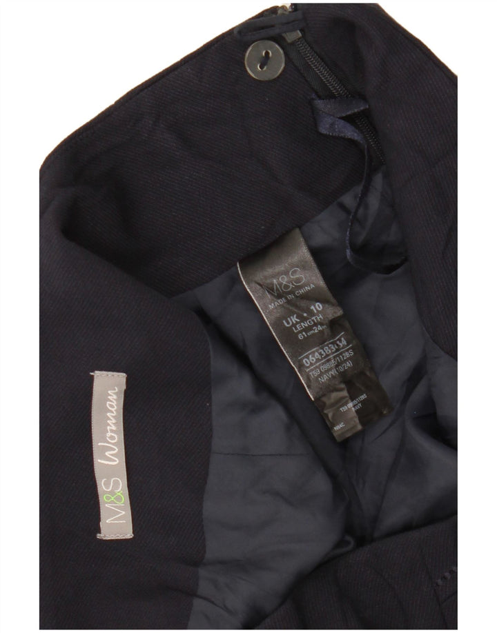 Saia reta feminina MARKS & SPENCER Reino Unido 10 pequena W30 azul marinho poliéster
