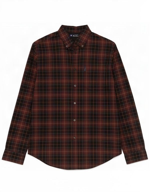 Camisa masculina Ben Sherman de algodão xadrez marrom médio