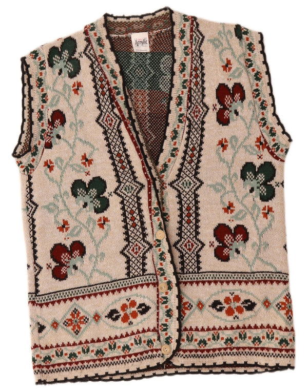 Suéter cardigã feminino vintage sem mangas Reino Unido 14 acrílico floral bege grande