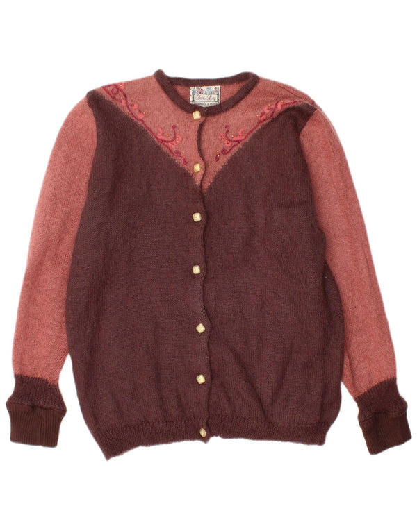 Suéter cardigã feminino vintage UK 18 XL marrom colorblock