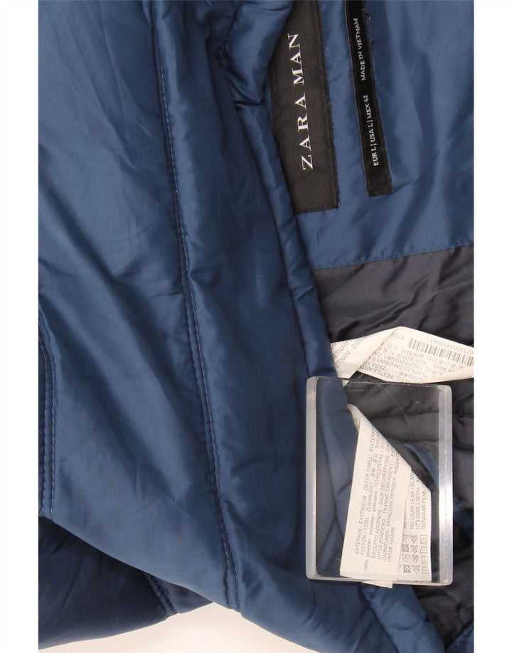 Zara Colete acolchoado masculino UK 42 grande azul poliéster