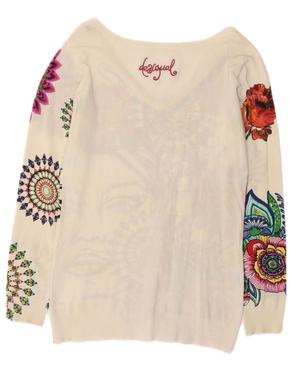 Suéter feminino Desigual com decote em V gráfico UK 14 grande branco floral