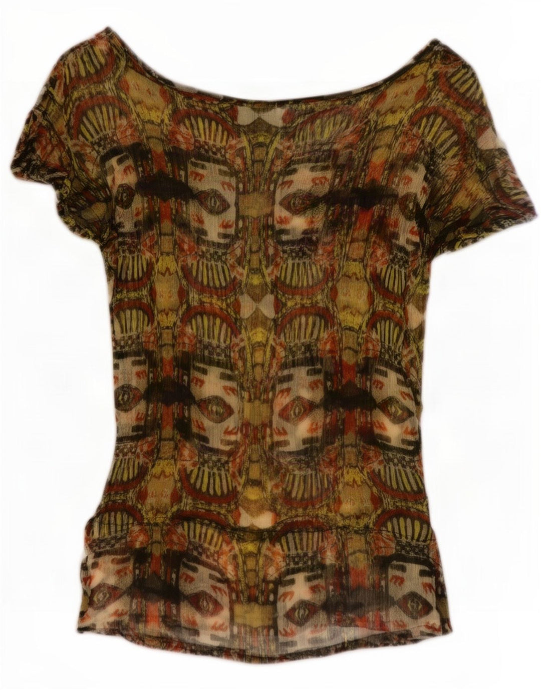 Blusa feminina Desigual com padrão abstrato Reino Unido 8 pequena viscose cáqui