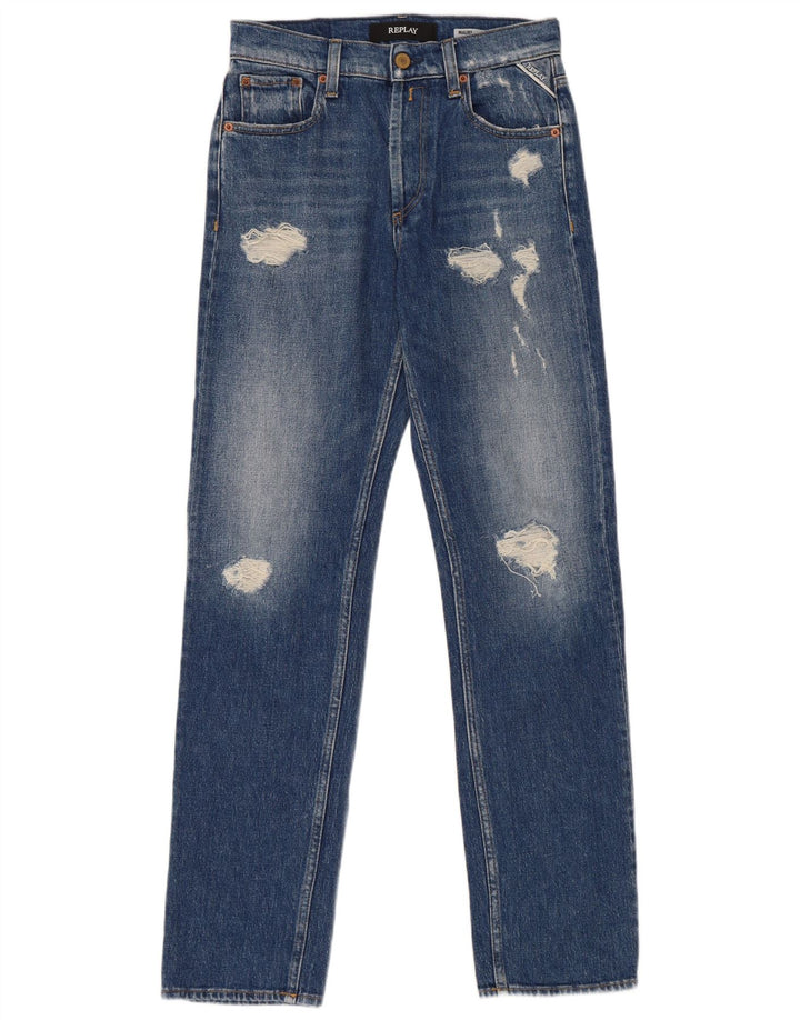 Replay Jeans retos femininos desgastados W25 L30 algodão azul