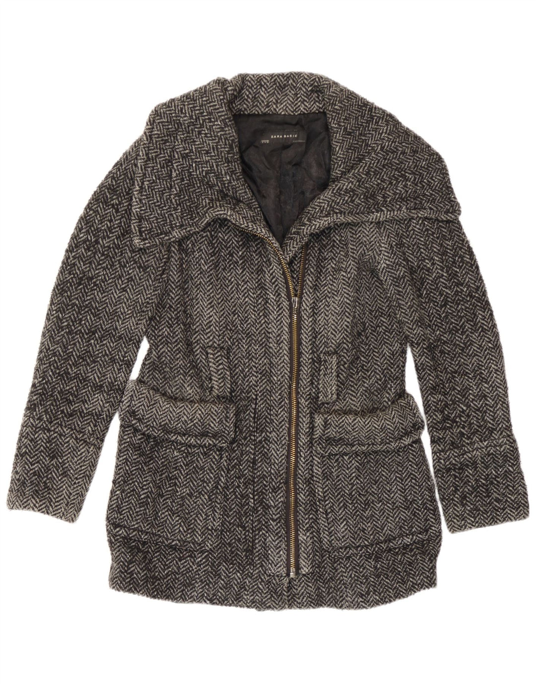 Sobretudo feminino Zara UK 14 espinha de peixe cinza médio