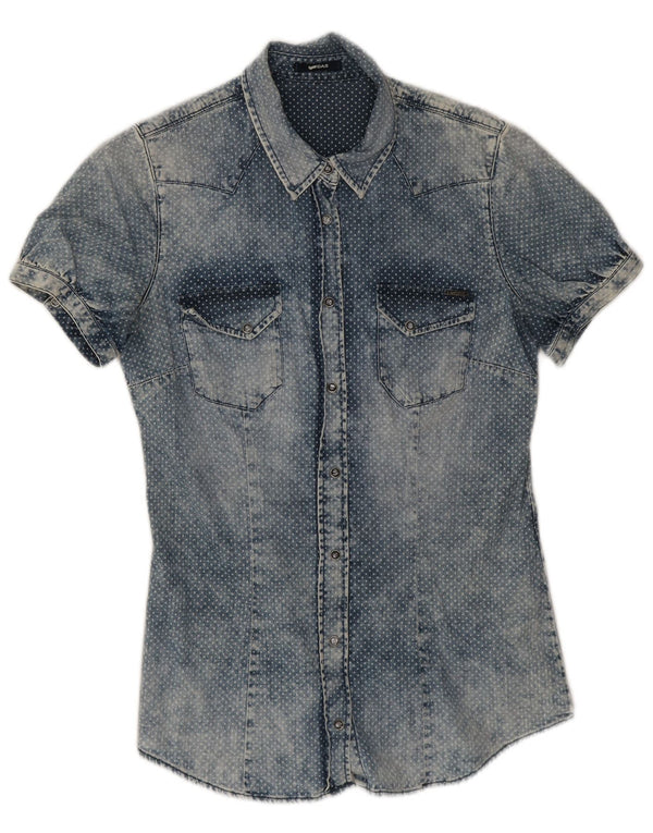 Camisa jeans feminina de manga curta Gas UK 12 algodão manchado azul médio