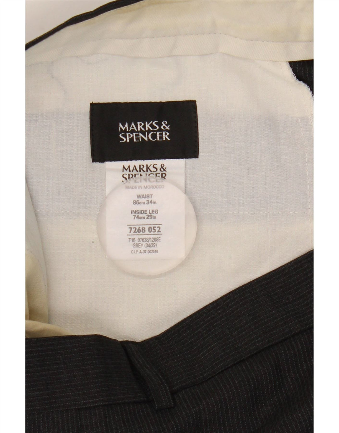 Calça masculina Marks & Spencer Pegged Suit W34 L29 cinza risca de giz poliéster