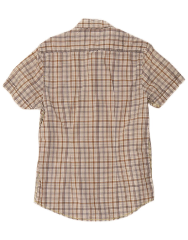 Camisa masculina Energie de manga curta pequena algodão xadrez bege