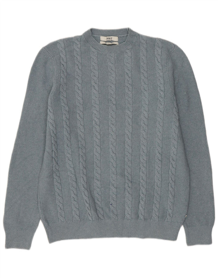Suéter masculino Marks & Spencer com gola redonda, poliéster azul médio