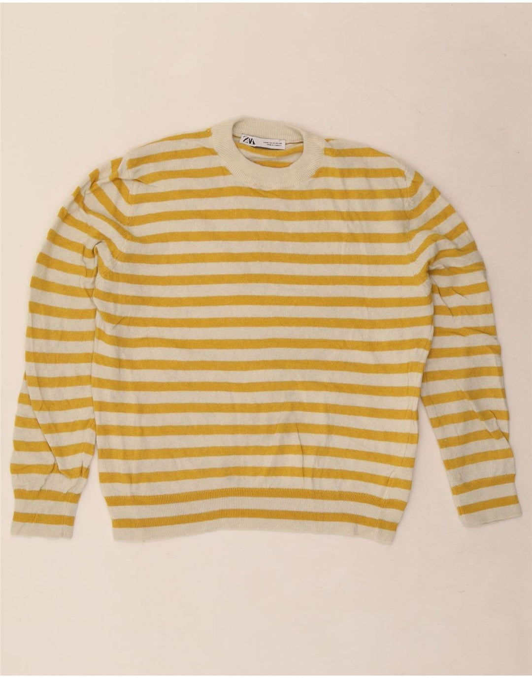 Zara Suéter feminino com gola redonda e gola redonda, poliamida listrada amarela média, Reino Unido 14