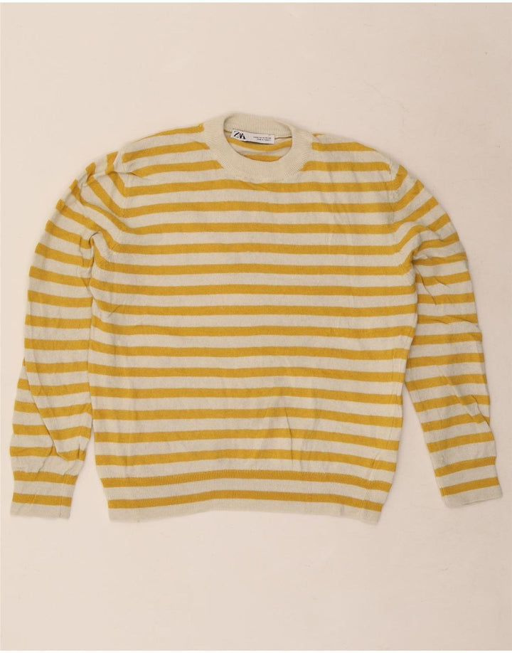 Zara Suéter feminino com gola redonda e gola redonda, poliamida listrada amarela média, Reino Unido 14