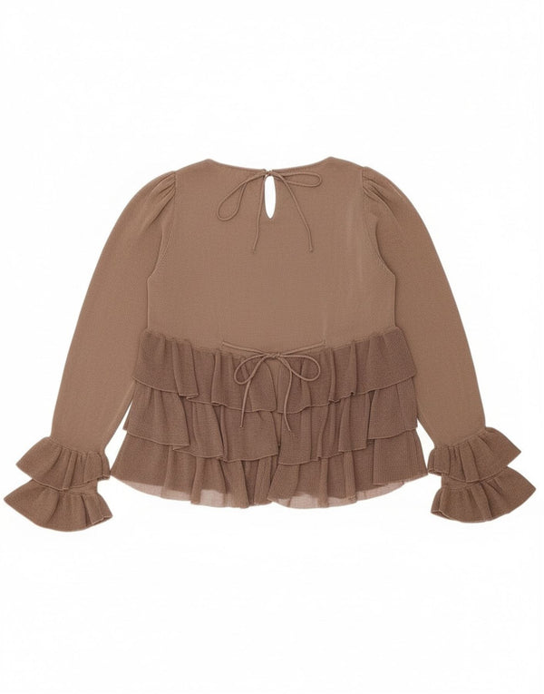 Zara blusa feminina oversized manga comprida top UK 10 pequeno bloco colorido marrom