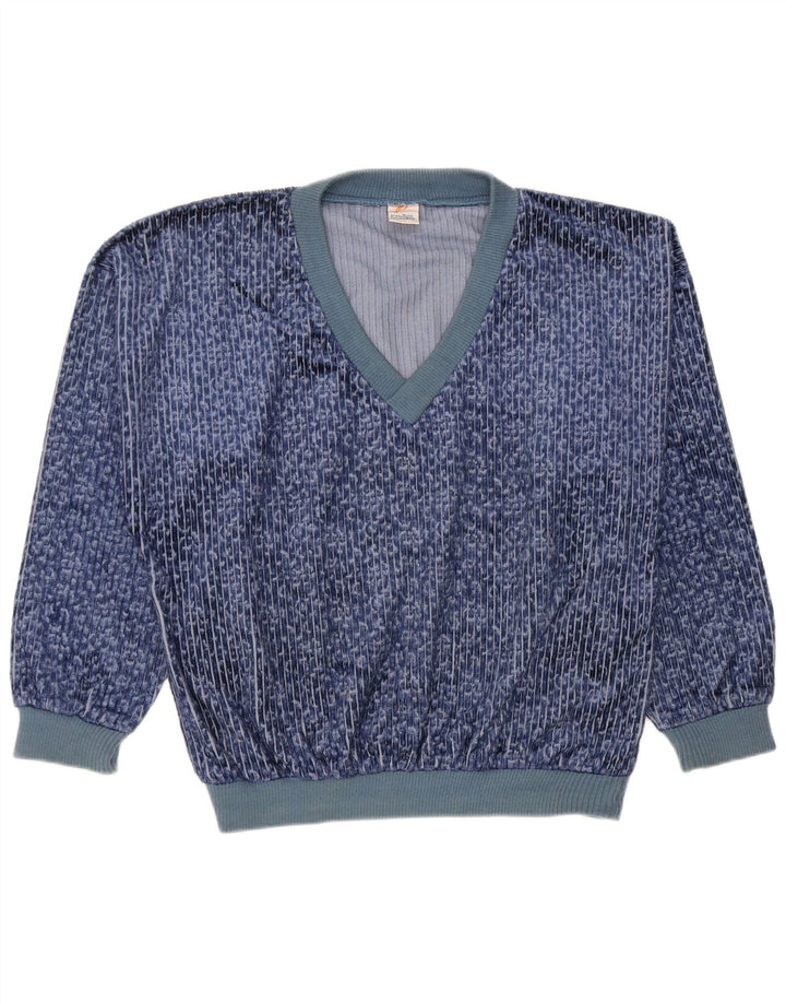 Camisola de veludo vintage masculina de poliéster risca de giz azul médio