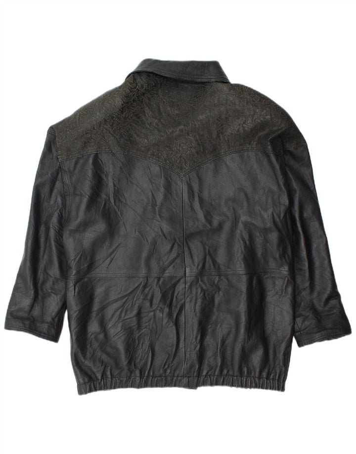 Jaqueta feminina de couro grande YUPPIE Reino Unido 18 XL preta floral