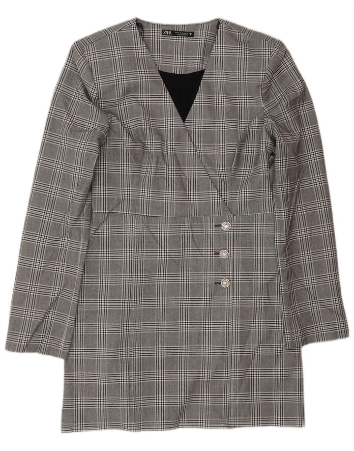 Vestido feminino Zara de manga comprida UK 12 poliéster xadrez cinza médio