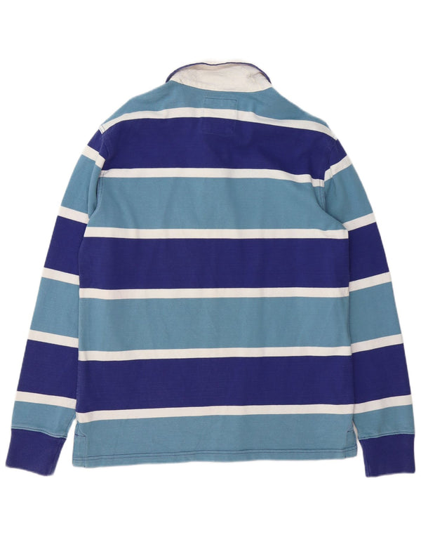 Camisa polo masculina de rugby de manga comprida com listras azuis pequenas de algodão