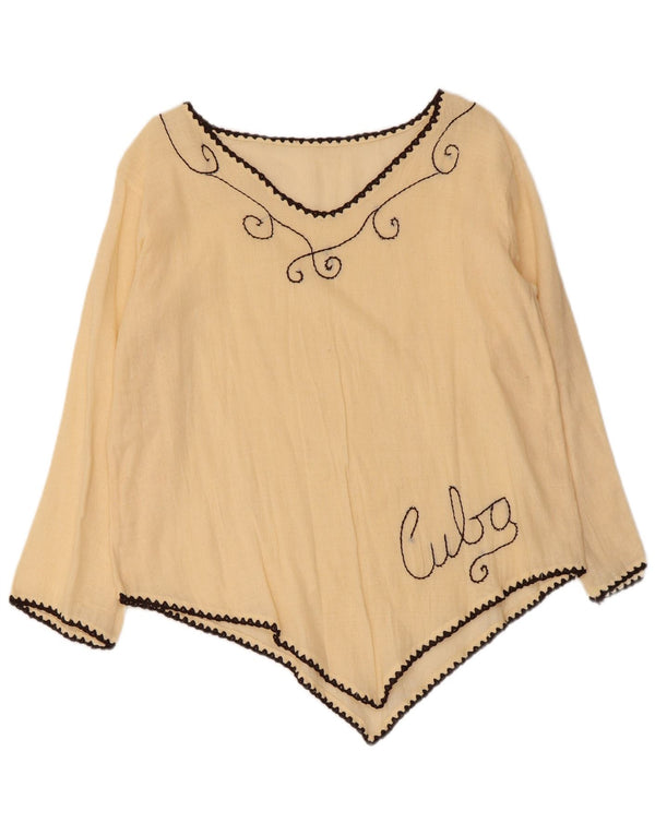 Blusa feminina vintage de manga comprida com estampa gráfica UK 14 grande bege