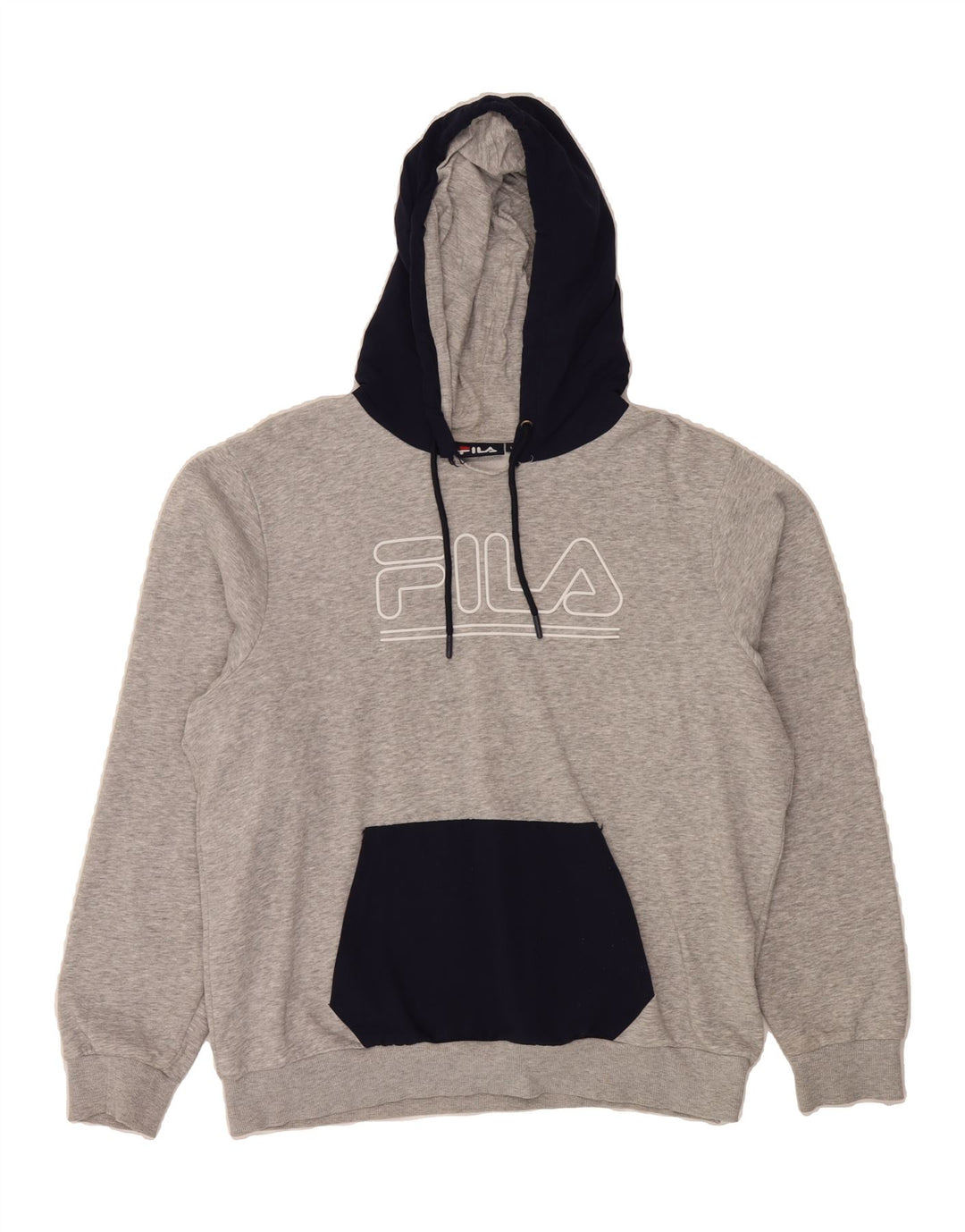 FILA Mens Graphic Hoodie Jumper Large Grey Colourblock Cotton Vintage Fila and Second-Hand Fila from Messina Hembry 