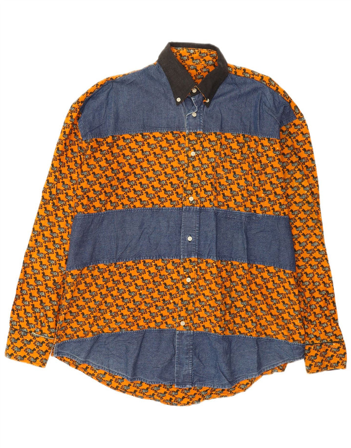 Vintage masculino abstrato padrão camisa 2XL laranja colorblock