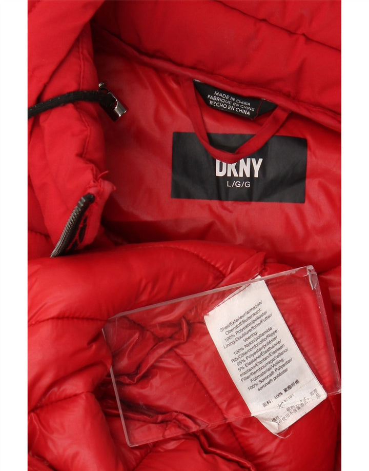 Casaco acolchoado com capuz feminino Dkny UK 16 grande poliéster vermelho