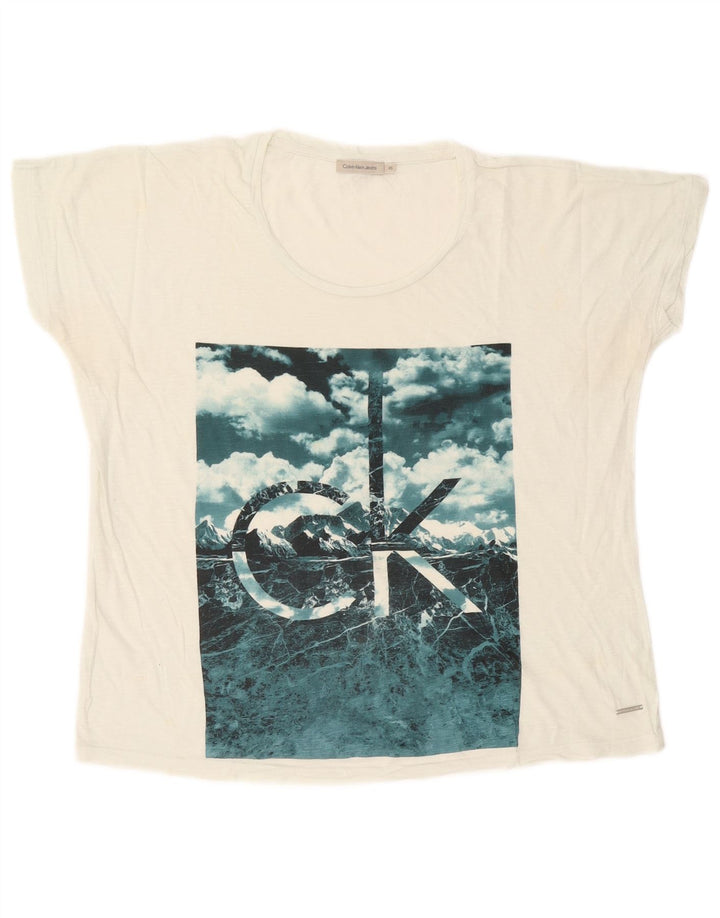 CALVIN KLEIN JEANS Camiseta feminina grande com estampa gráfica UK 6 XS Branco