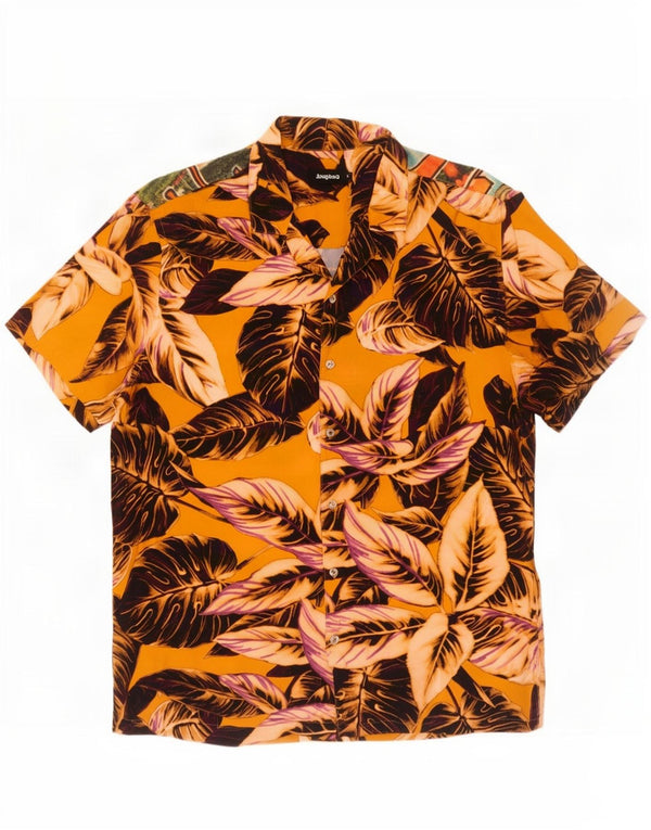 Desigual Camisa masculina de manga curta grande amarela floral viscose havaiana