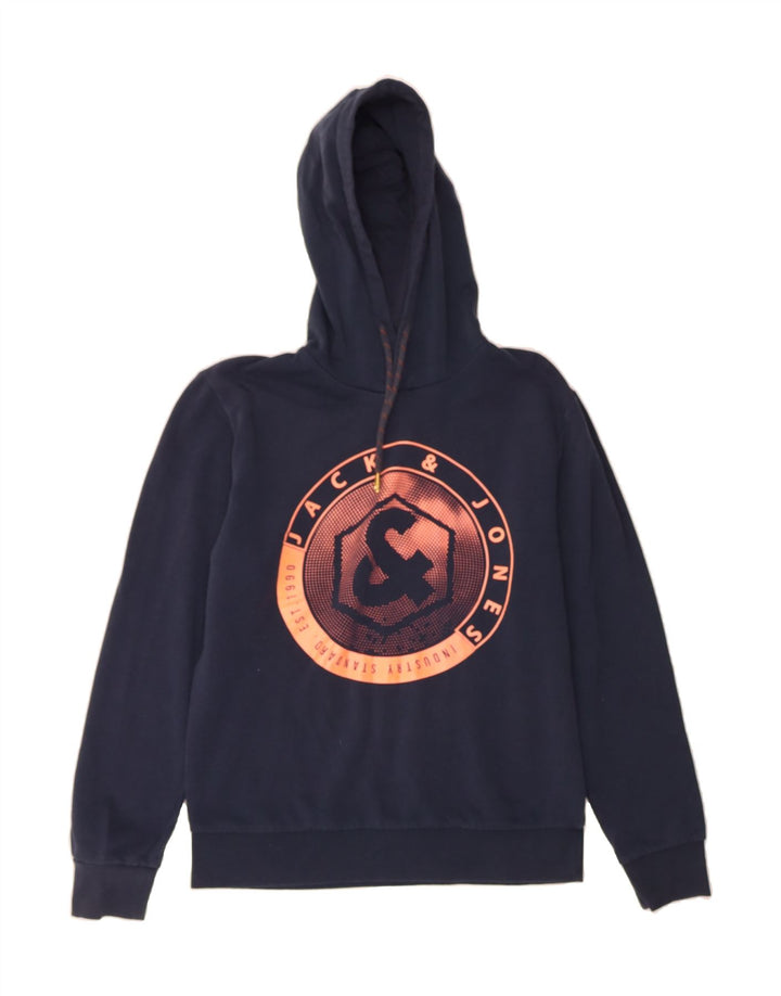 JACK & JONES Mens Graphic Hoodie Jumper Medium Navy Blue Cotton Vintage Jack & Jones and Second-Hand Jack & Jones from Messina Hembry 