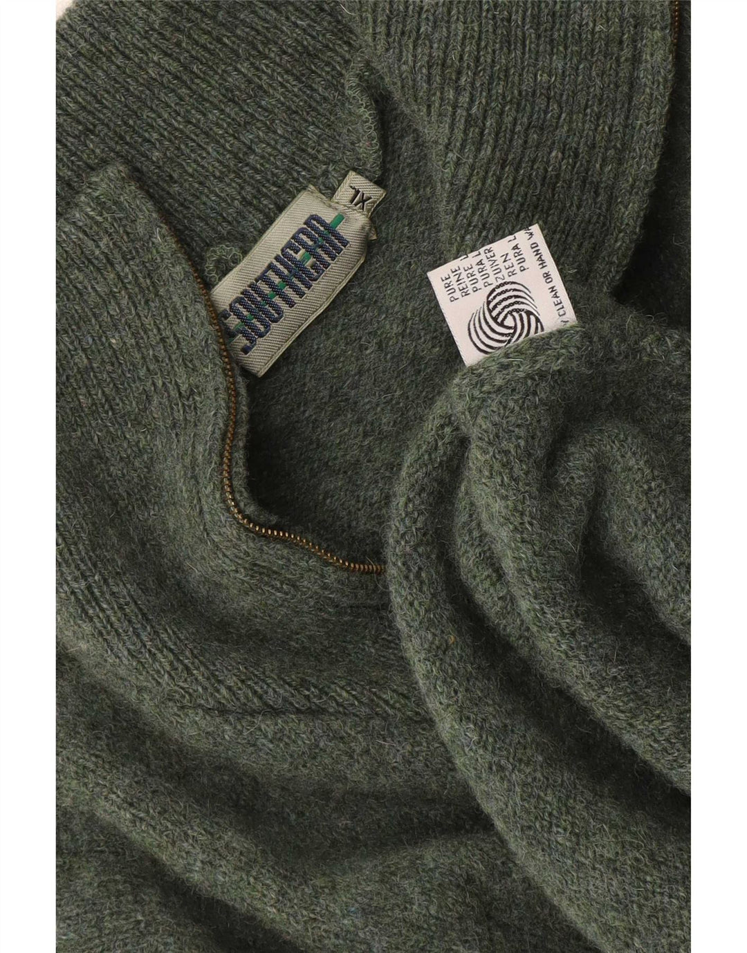 Suéter masculino vintage com zíper e gola XL lã virgem cáqui