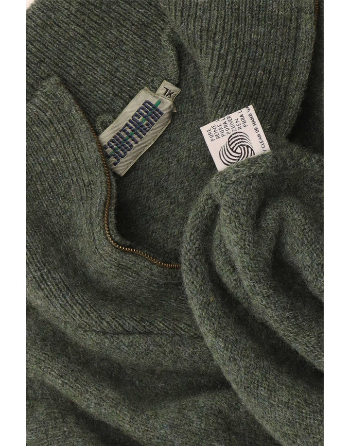 Suéter masculino vintage com zíper e gola XL lã virgem cáqui