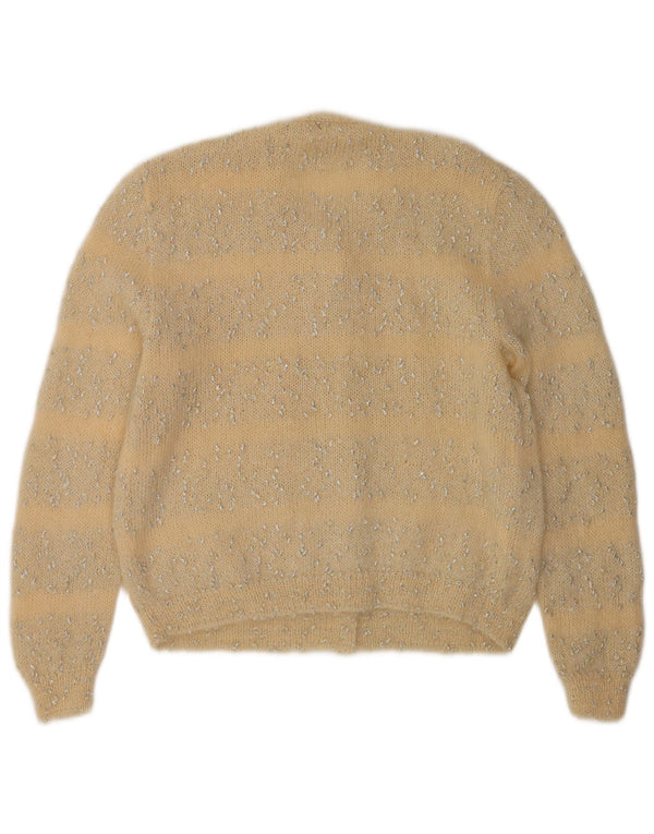 Suéter cardigã feminino vintage Reino Unido 16 grande listrado amarelo