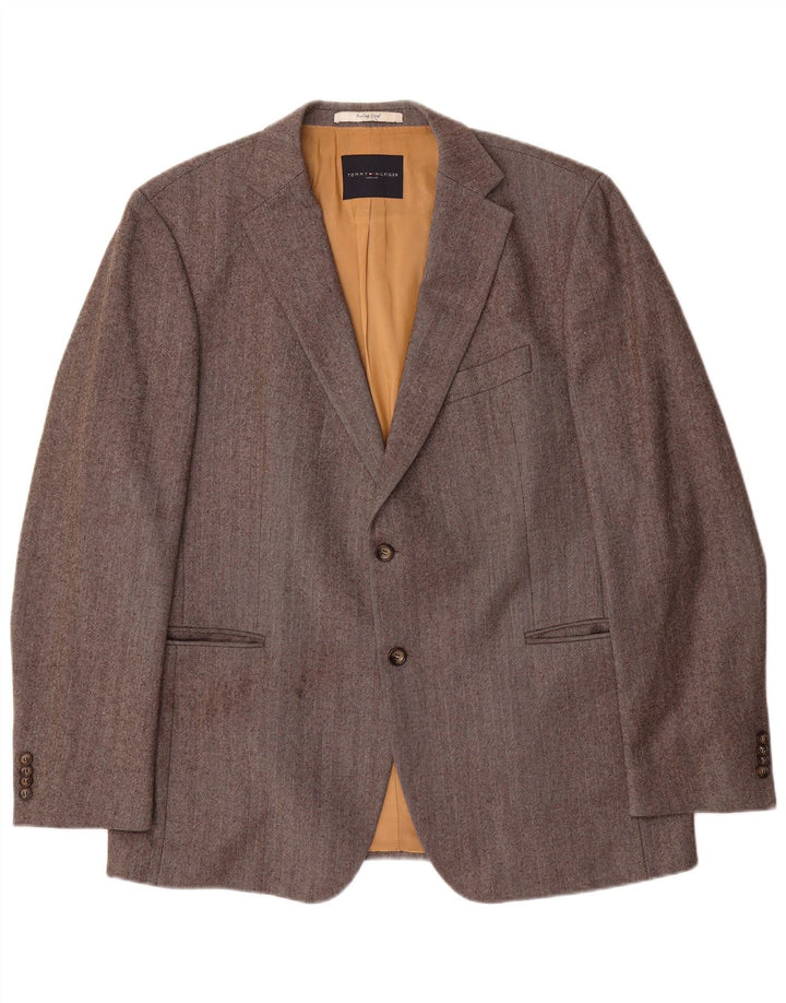 Jaqueta Blazer Masculina Tommy Hilfiger com 2 Botões IT 56 3XL Lã Espinha de Peixe Cinza