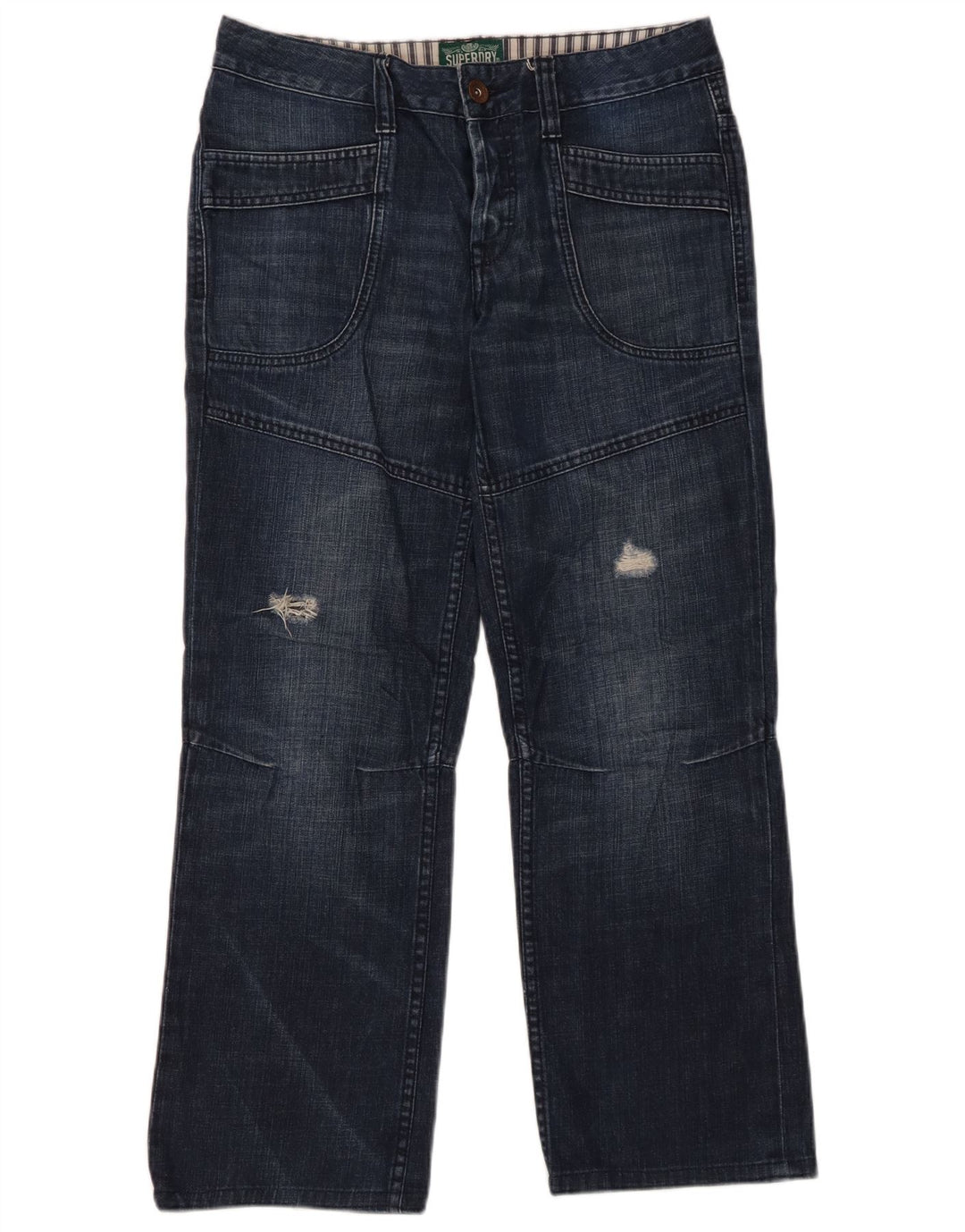 Calça jeans reta feminina SUPERDRY desgastada W28 L28 algodão azul marinho