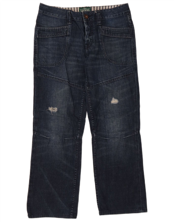 Calça jeans reta feminina SUPERDRY desgastada W28 L28 algodão azul marinho