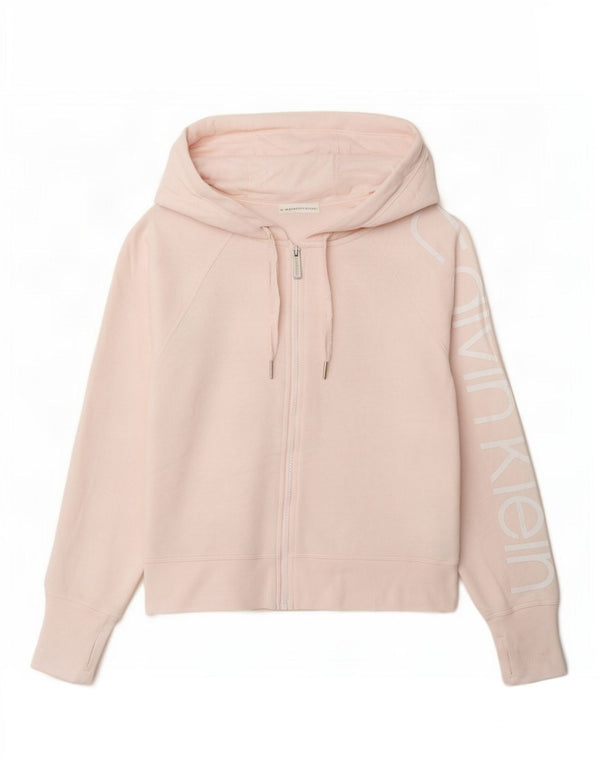 Calvin Klein Suéter feminino com capuz e zíper gráfico oversized UK 6 XS rosa