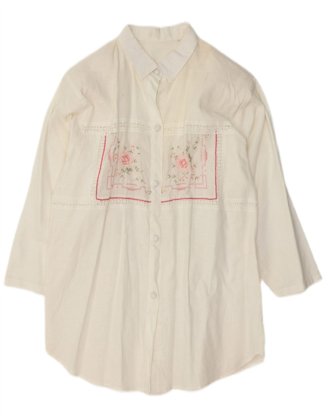 Blusa feminina VINTAGE manga 3/4 Reino Unido 14 médio branco floral