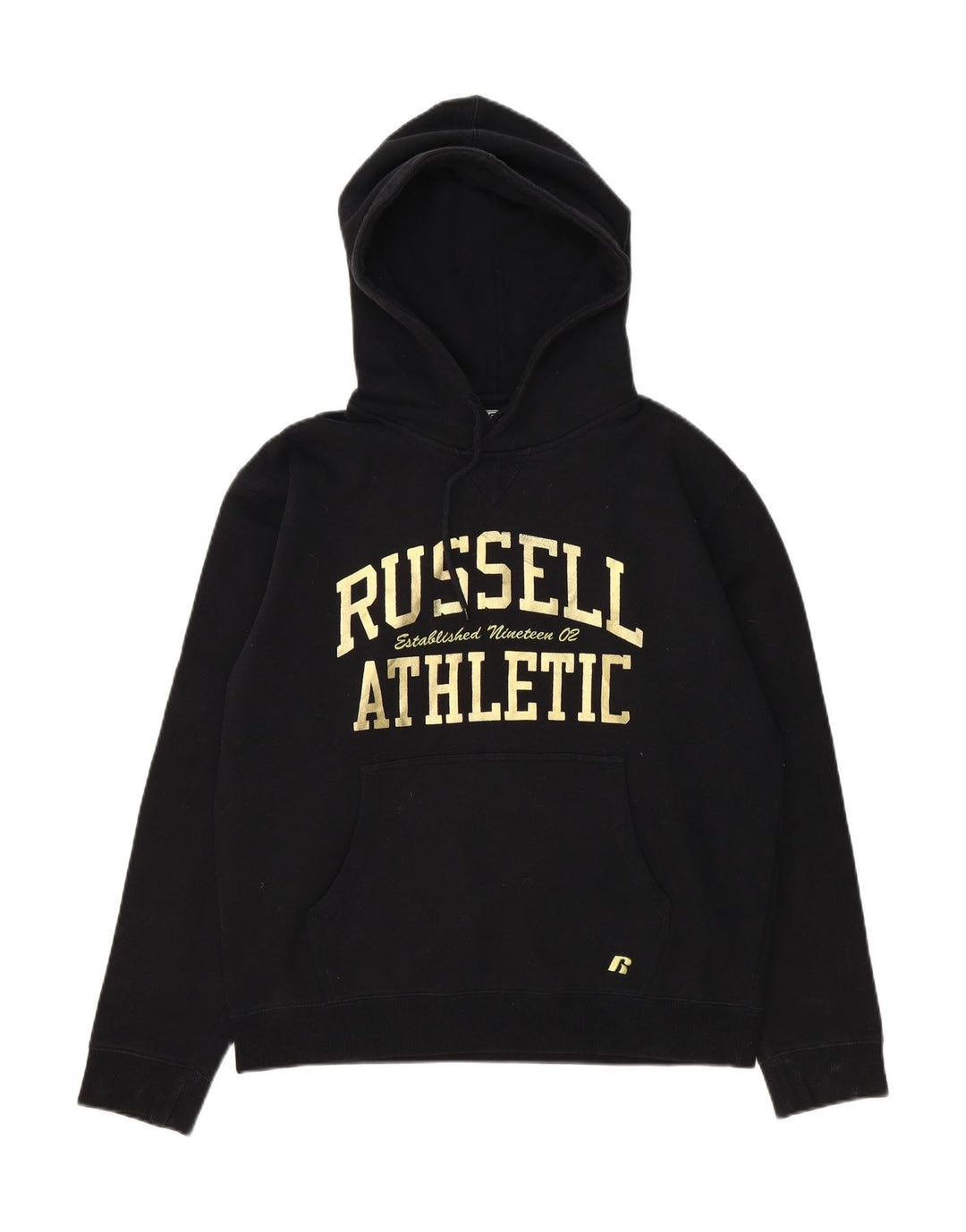 RUSSELL ATHLETIC Mens Graphic Hoodie Jumper Large Black Cotton Vintage Russell Athletic and Second-Hand Russell Athletic from Messina Hembry 