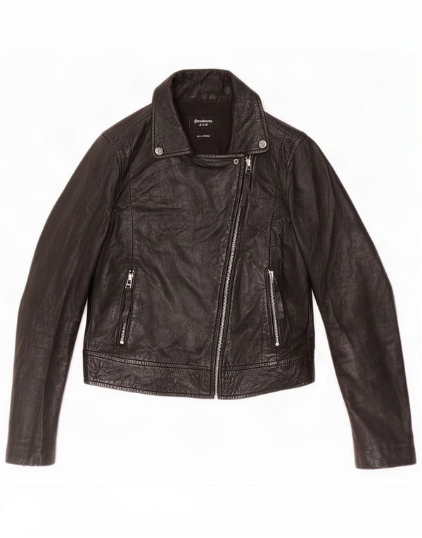 Jaqueta de motociclista feminina de couro Stradivarius UK 12 Médio Preto