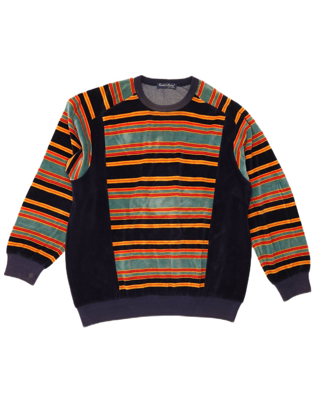 Suéter masculino vintage de tecido felpudo, algodão listrado médio azul marinho