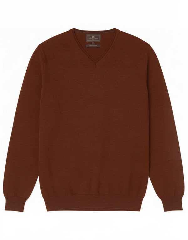 Suéter masculino Marks & Spencer slim fit com decote em V, grande lã merino marrom