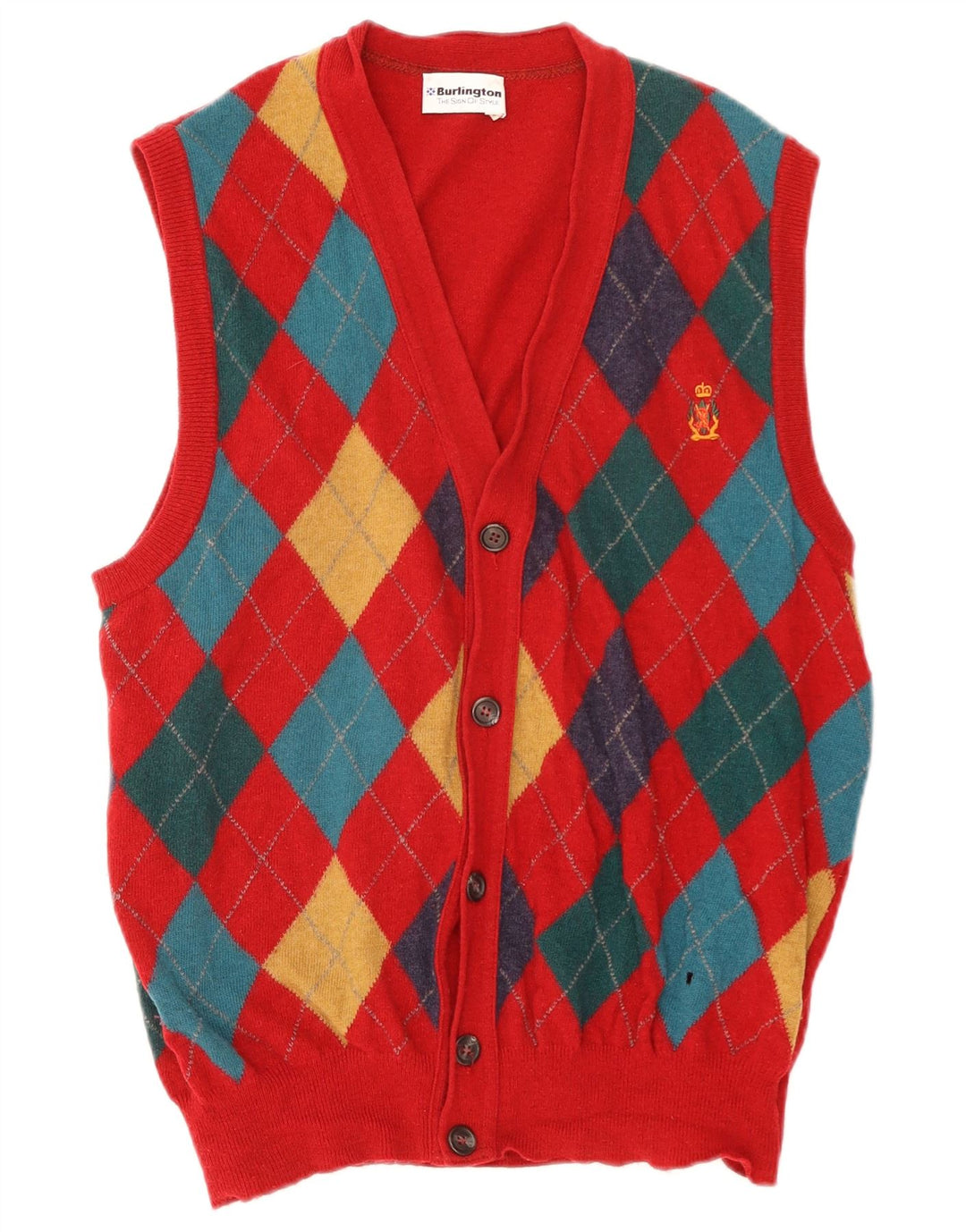 Suéter cardigã masculino sem mangas Burlington IT 50 grande vermelho Argyle/Diamante