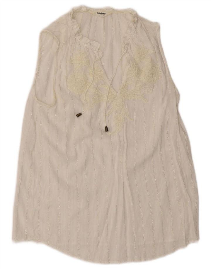 Blusa feminina Desigual sem mangas com estampa gráfica UK 12 médio listrado branco
