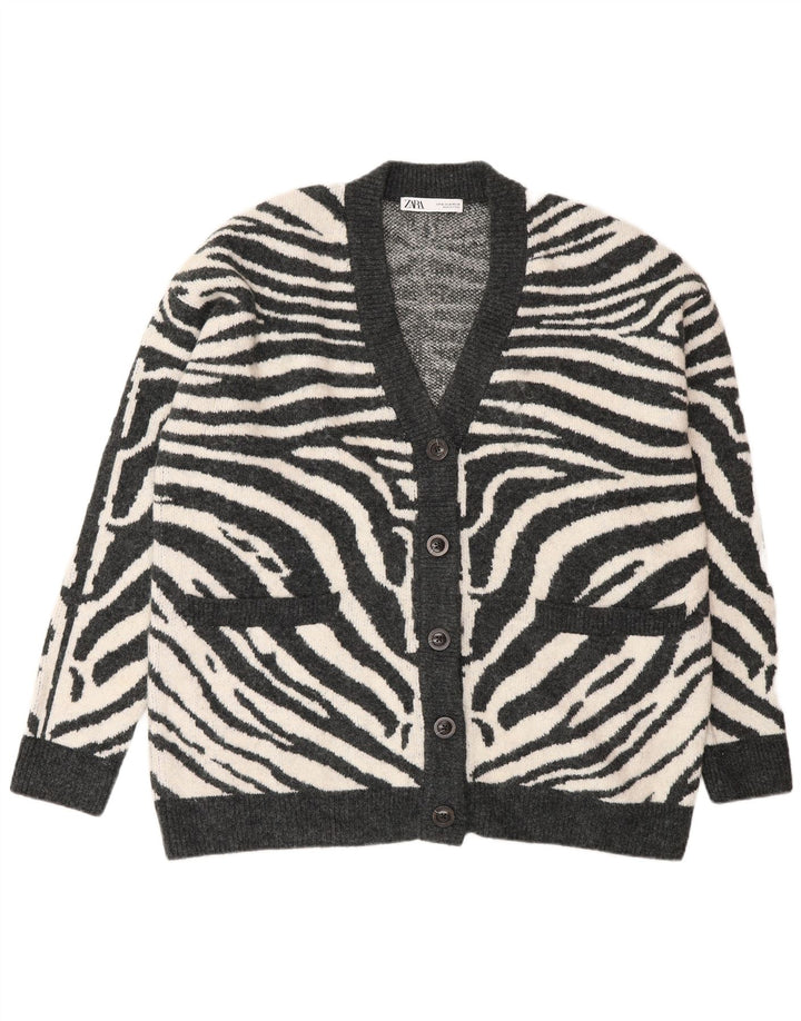 Suéter cardigã feminino grande Zara Reino Unido 14 cinza médio com estampa animal