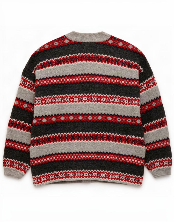 Suéter cardigã masculino Stefanel grande lã Fair Isle cinza