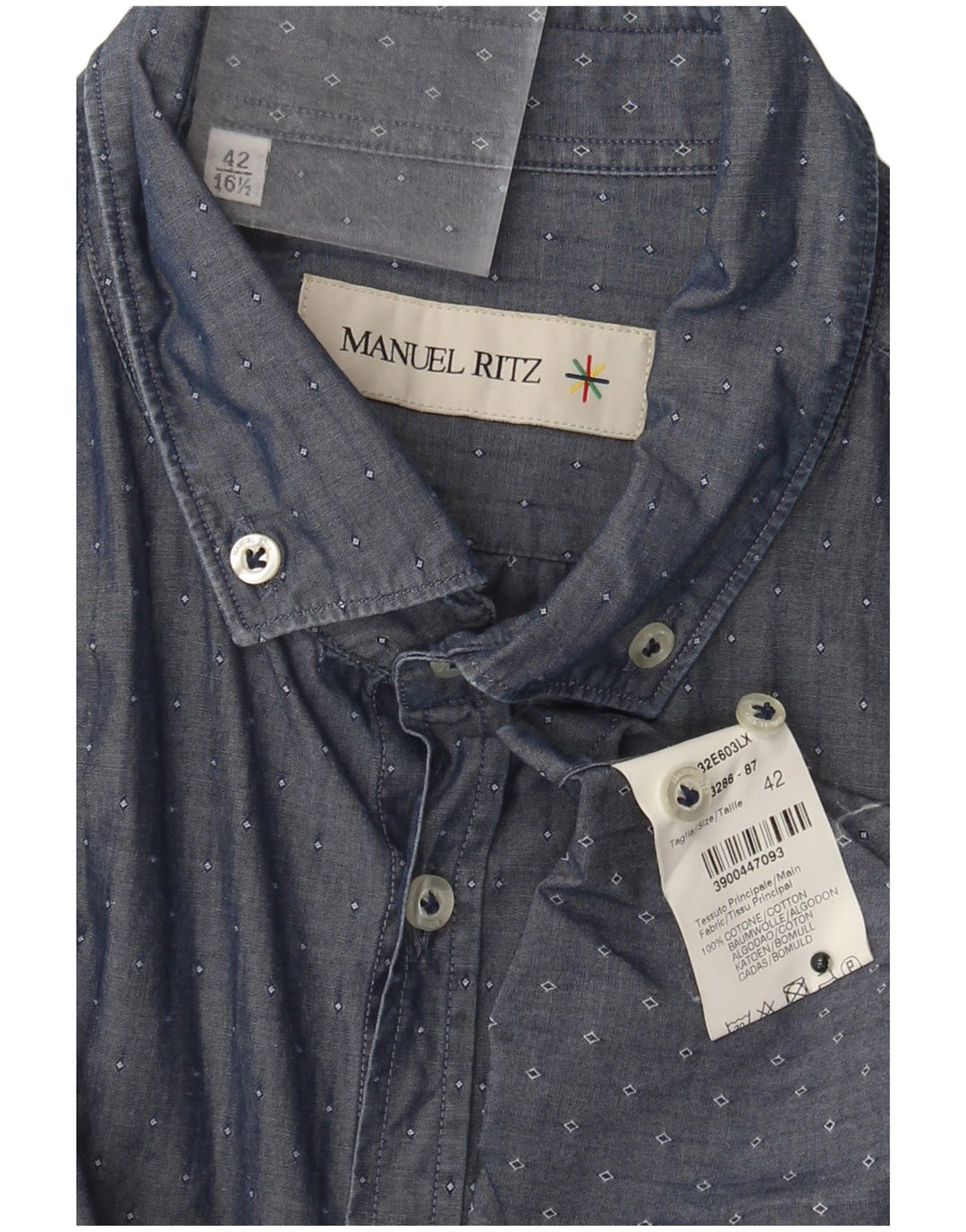 Camisa masculina Manuel Ritz tamanho 42 16 1/2 grande algodão azul