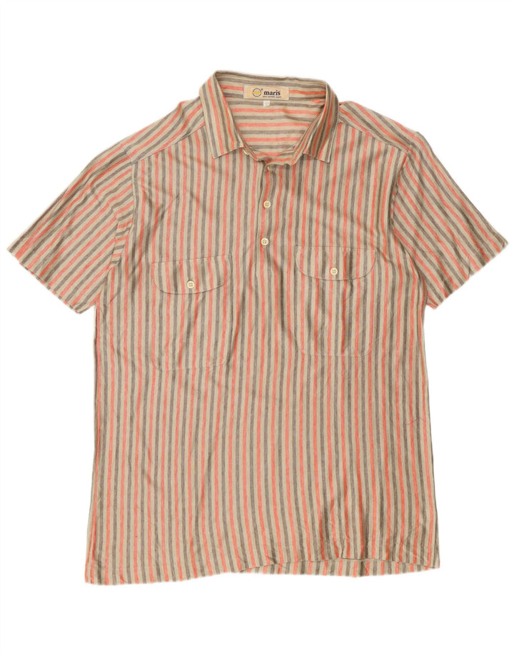 Pulôver masculino vintage de manga curta Camisa algodão listrado bege grande