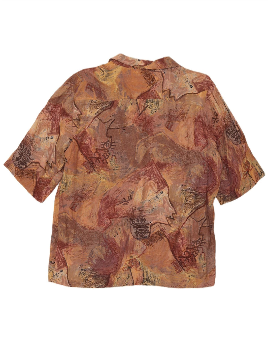 Camisa feminina vintage de manga curta com padrão abstrato Reino Unido 14 marrom médio