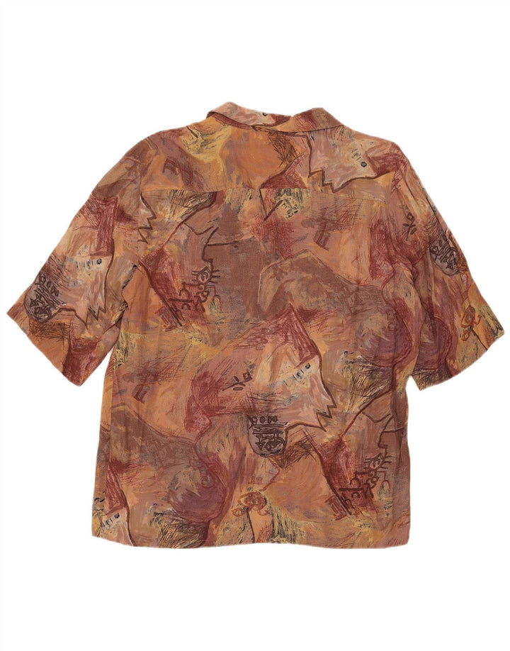 Camisa feminina vintage de manga curta com padrão abstrato Reino Unido 14 marrom médio