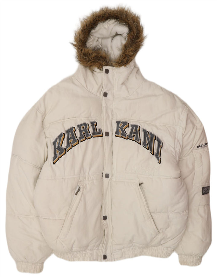 Jaqueta masculina acolchoada com capuz gráfico KARL KANI UK 44 2XL poliéster branco