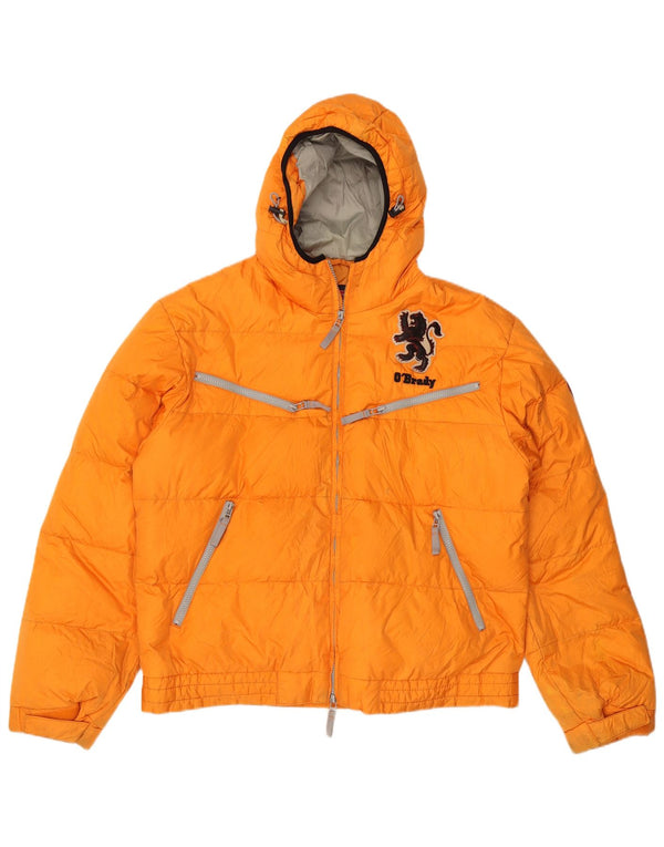 Jaqueta acolchoada com capuz gráfico masculino vintage UK 42 XL poliéster laranja